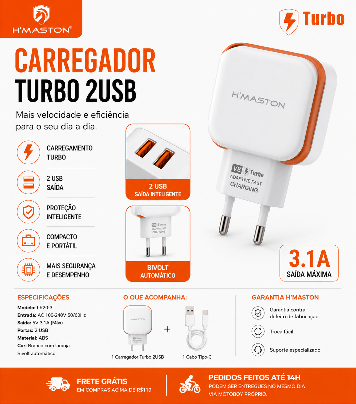 Carregador Turbo 2USB H’Maston 4.8A