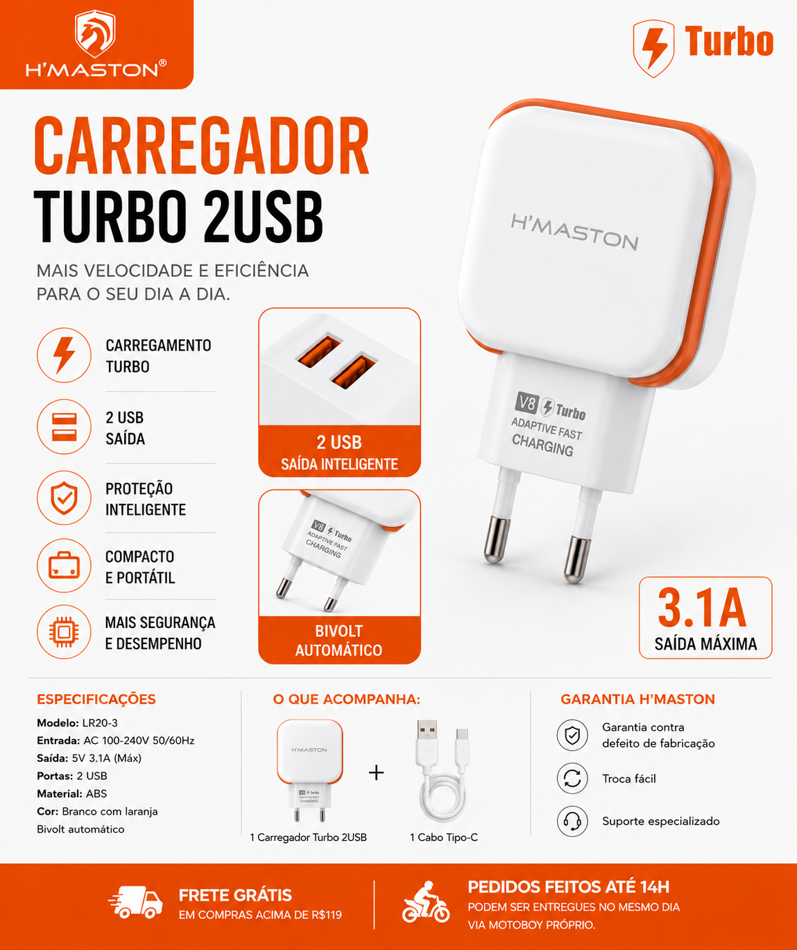 Carregador Turbo 2USB H’Maston 4.8A