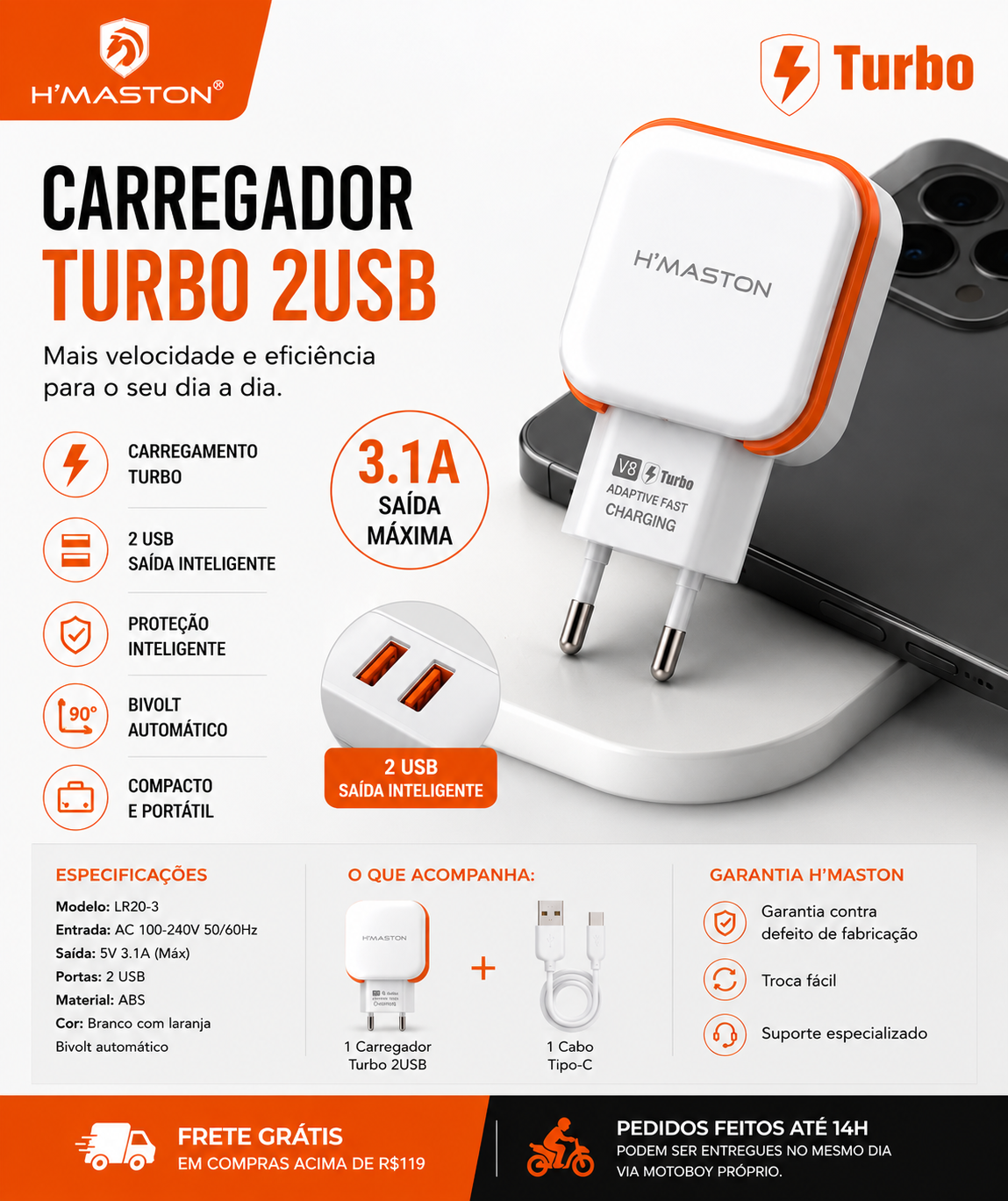 Carregador Turbo 2USB H’Maston 4.8A