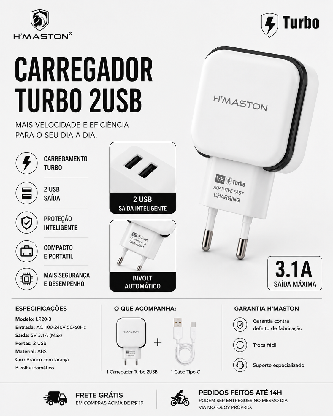 Carregador Turbo 2USB H’Maston 4.8A